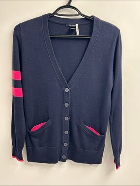 Pink Tartan Navy Cardigan with Pink Stripe and Pocket Trim (Thom Browne)